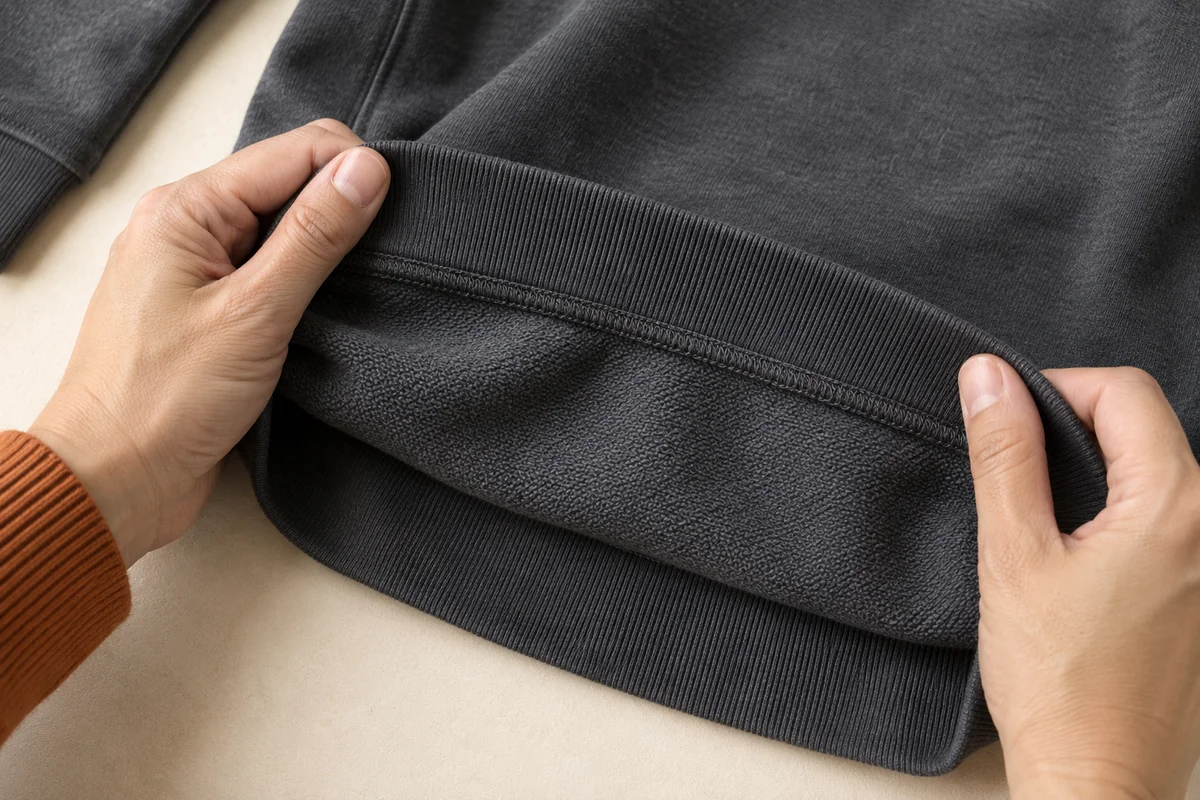 Hands opening a sweatshirt hem to check the inside seam