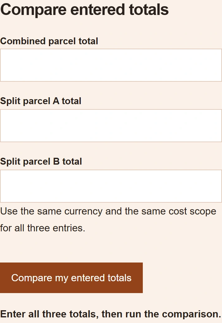 The working combined-versus-split parcel calculator in this guide